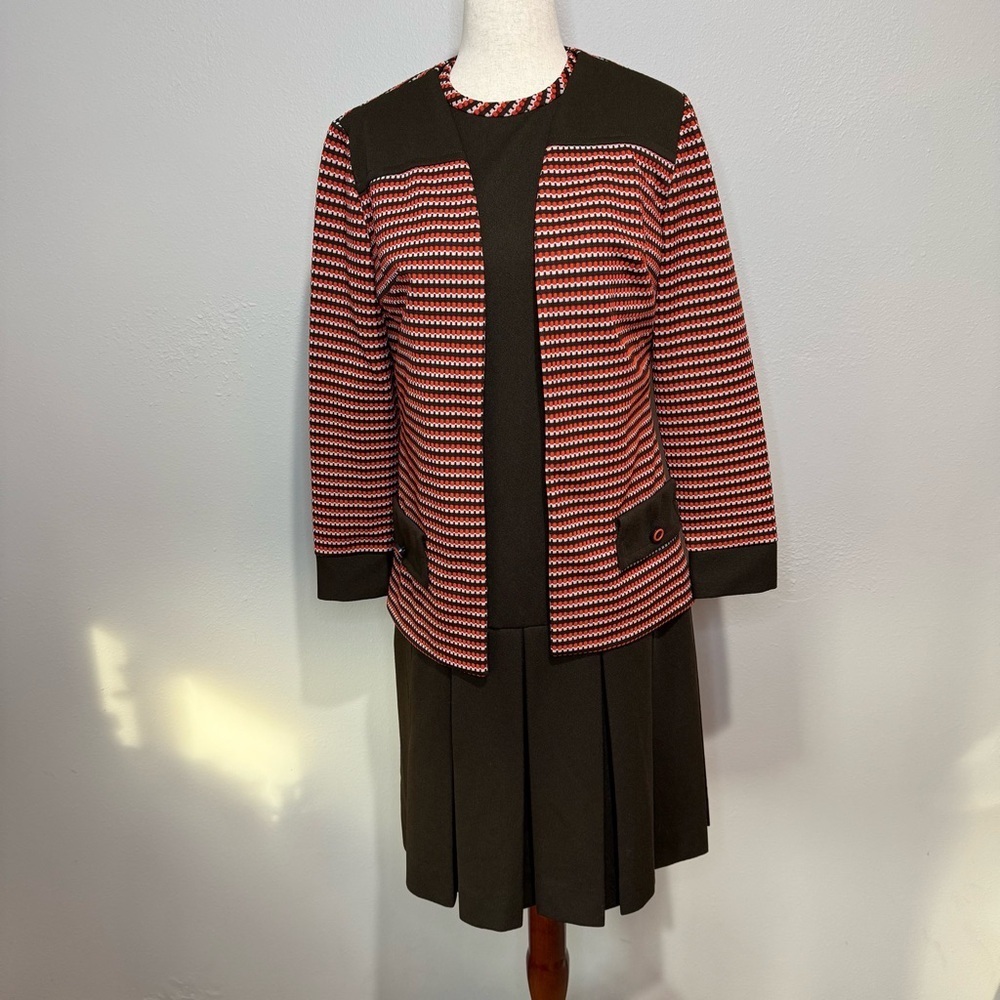 Vintage 60s Mod Dress & Jacket Set | Brown Red White Knit | Size 10
